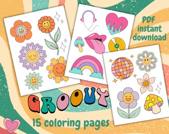 Coloring pages set with groovy theme, retro coloring