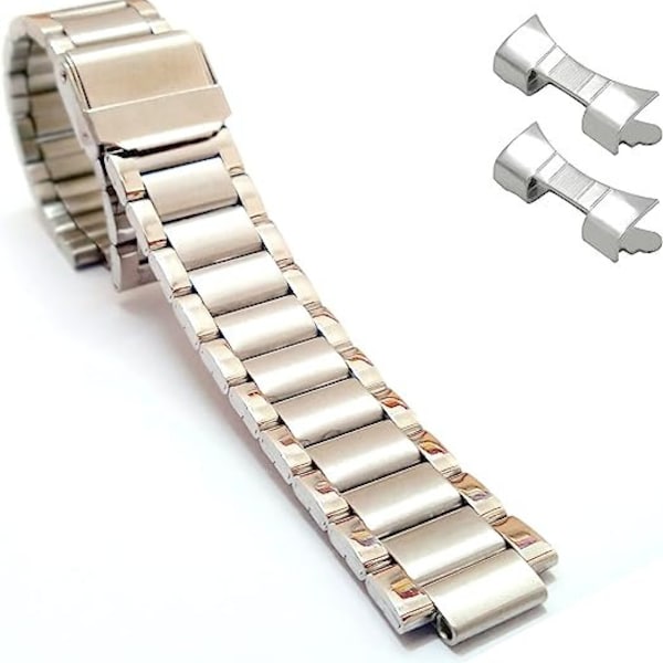 Vervanging 20 mm zilveren roestvrijstalen armband, dubbel verstelbare metalen horlogeband, gebogen uiteinde