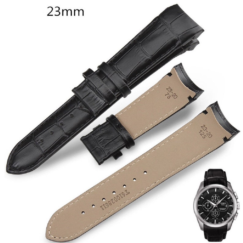 23mm Curved Black Genuine Leather Leather Watch Strap Fits Curvedend
