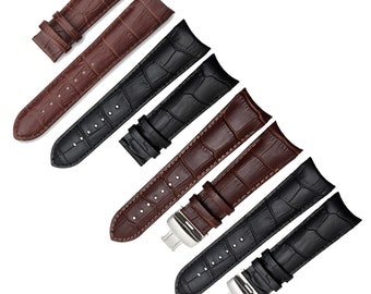 Replacement 22mm 23mm 24mm Genuine Leather Curved End Watch Band Strap Black Brown Deployment Buckle