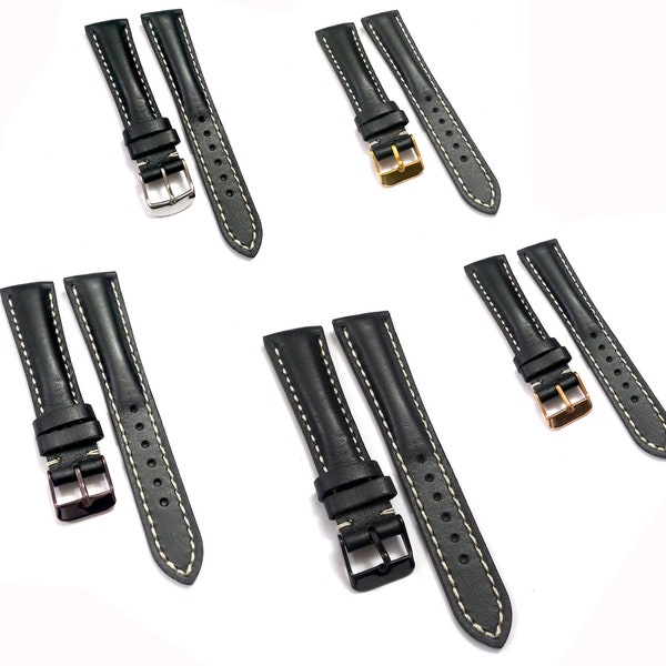 18mm 20mm 22mm Genuine Leather Black With White Stitch Watch Band Strap With Black Brown Yellow Silver Rose Pin Buckle