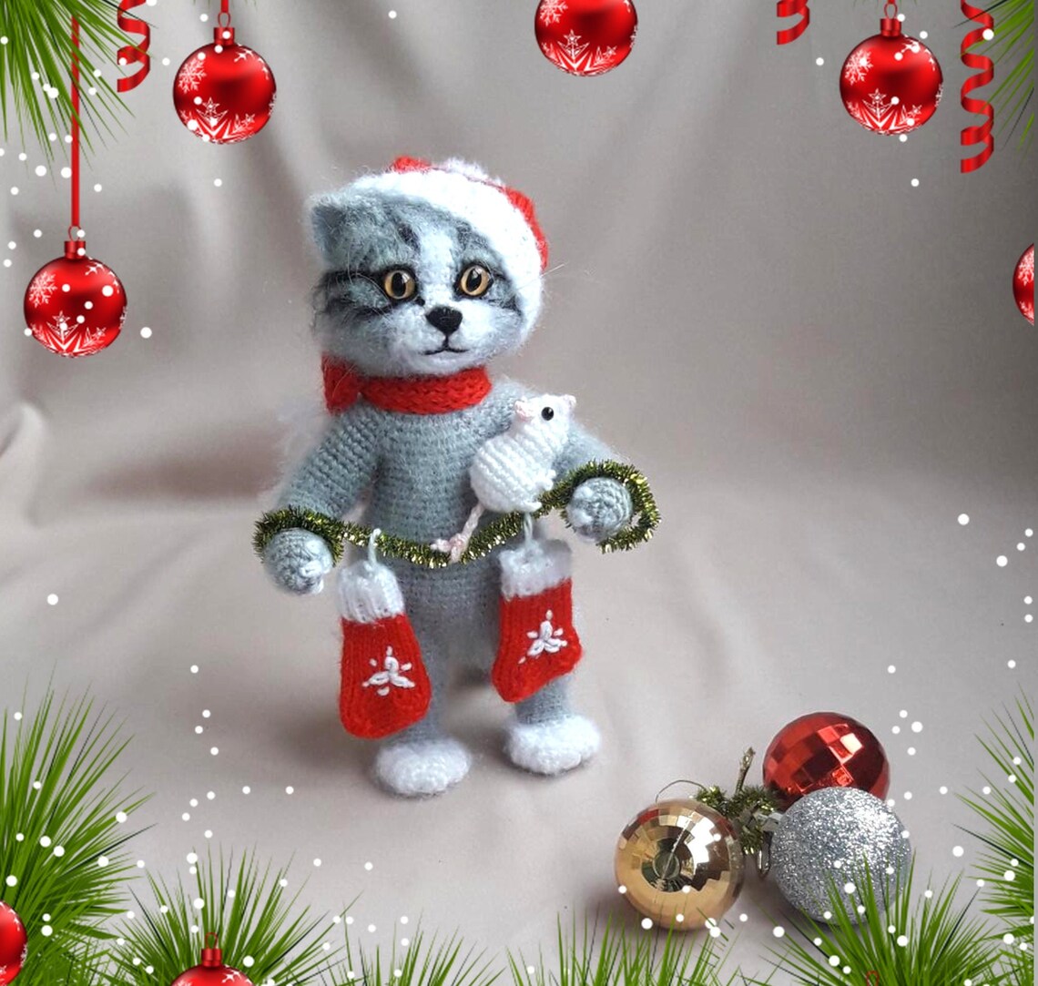 Cat plush toy Christmas cat ornament Toy tabby cat Fluffy Etsy