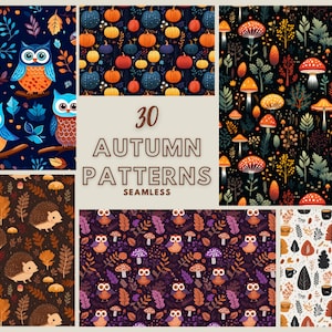 Könnte beinhalten: Eine Sammlung von 30 nahtlosen Herbstmustern. Die Muster zeigen Eulen, Kürbisse, Pilze, Igel, Blätter und Kaffeetassen in verschiedenen Farbschemata. Der Text "30 AUTUMN PATTERNS SEAMLESS" ist in der Mitte des Bildes zu sehen.