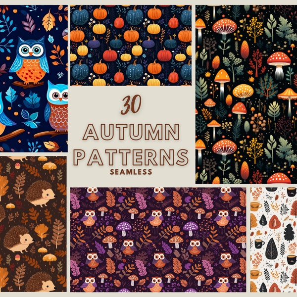 Autumn Nahtlose Muster Bundle mit 30 retro Papers Herbst Muster Scrapbook Seamless Aquarelle Pattern Leaves, pumpkin, red cap, bunt, decor