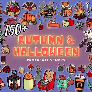 Könnte beinhalten: Eine Sammlung von über 150 digitalen Stempeln für Procreate mit Herbst- und Halloween-Motiven. Die Stempel beinhalten Bilder von Kürbissen, Eulen, Geistern, Hexen, Blättern und vielem mehr. Der Text "150+ Autumn & Halloween Procreate Stamps" wird in der Mitte des Bildes angezeigt.