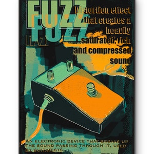 Może przedstawiać: Ilustracja w stylu vintage pedału gitarowego z napisem "FUZZ" powtórzonym w różnych kolorach i rozmiarach. Tekst opisuje go jako elektroniczne urządzenie, które tworzy mocno nasycony, bogaty i skompresowany dźwięk. Jest używany przez gitarzystów.