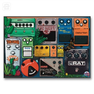 Digitale download Gitaarpedalen Klassiekers Printeffecten Poster overdrive Retro gitaarfx fuzz Illustratie stompbox art delay Flat