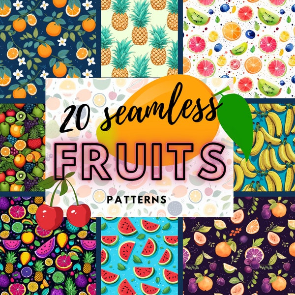 Fruits Seamless Pattern Bundle of 20 retro fruity papers pattern scrapbook Seamless Aquarelle Pattern Strawberries, Fruit, Pineapple, Fresh