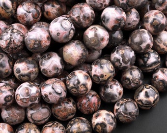 Perles rondes lisses en jaspe léopard : Pierres précieuses naturelles, brin complet de 15,5 po.