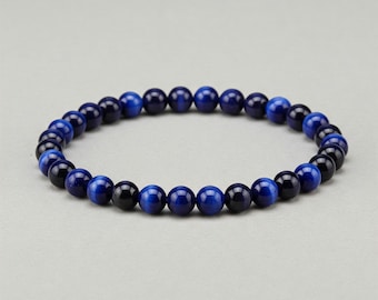 Blue Tiger Eye Beaded Bracelet: Genuine Gemstone Crystal Healing