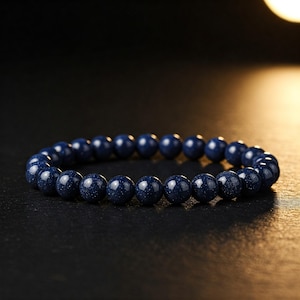 Blue Sandstone Bracelet: Natural Gemstone Stretchy Beaded Bracelet