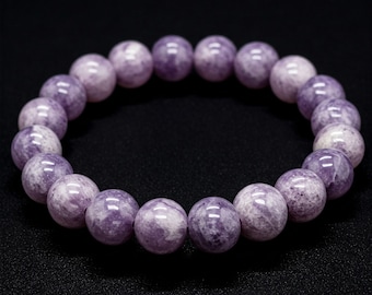 Pulsera de lepidolita: piedra preciosa natural con cuentas redondas, cristal curativo.