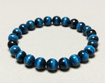 Blue Tiger Eye Beaded Bracelet, Healing Crystal Jewelry For Women, Metaphysical Protection For Man