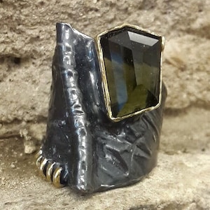Handmade moldavite ring / Faceted Moldavite Ring / Irregular Cut Green Tektite in Oxidized  Silver / Unique Statement Crystal Jewelry /
