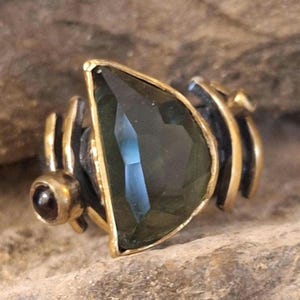 Handmade moldavite ring / Faceted Moldavite Ring / Irregular Cut Green Tektite in Oxidized  Silver / Unique Statement Crystal Jewelry /