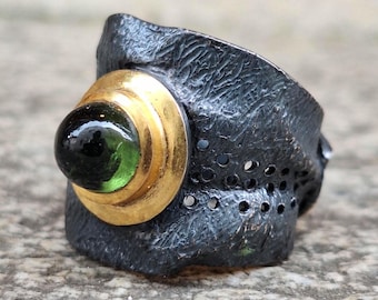 Handmade Moldavite Sterling Silver Ring: Czech Tektite Cosmic Jewelry