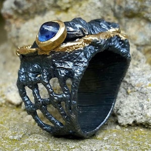 Handmade sapphire ring / Blue Sapphire Cabochon Ring / Sri Lanka Gem in Oxidized Sterling Silver / Elegant Deep Blue Statement Jewelry /