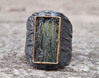 Raw Moldavite Crystal Ring: Handmade Tektite Meteorite Jewelry