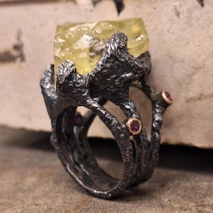 Handmade Raw Lemon Quartz Ring: Ruby Accents, Sterling Silver Statement Jewelry