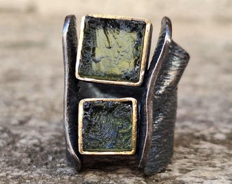 Silver Ring with Two Square Moldavites – Raw Green Tektite Statement Ring