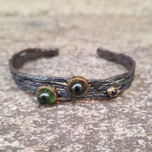Handmade Asymmetrical Moldavite & Garnet Cabochon Bracelet / Handcrafted Oxidized Sterling Silver / Bold Cosmic Statement Jewelry /