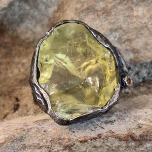 Handmade Raw Lemon Quartz Ring: Ruby Accents, Sterling Silver Gemstone Jewelry