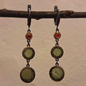 Moldavite Sterling Silver Stud Earrings: Czech Tektite, Garnet Accents