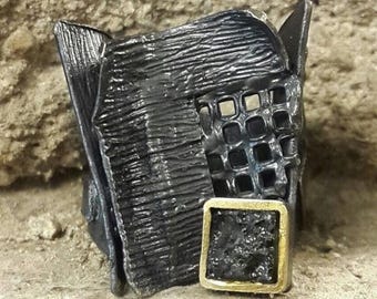 Square Moldavite Ring: Raw Tektite Crystal, Sterling Silver, Meteorite