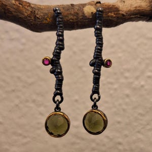 Handmade Moldavite & Ruby Sterling Silver Earrings: Czech Tektite Studs