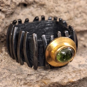 Handmade Moldavite Men&#39;s ring /  Artisan moldavite men&#39;s jewelry / Oxidized silver Ring in Rustic Style / Bold Textured Silver Jewelry /