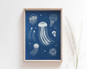 Jellyfish Rare Cyanotype Art Print In Navy & White