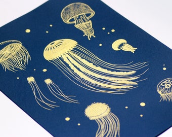 Gold & Navy Jelly Fish Wall Art