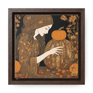 Fake Gustav Klimt Canvas. Klimt-O&#39;-Lantern. Halloween Witch with Pumpkin in the Style of Gustav Klimt Square Gallery Wrapped Canvas Print