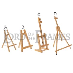 May include: Four wooden easels of varying sizes and styles. The easels are labelled A, B, C, and D.  The easels are all made of natural wood and have a simple design.