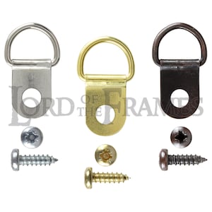 May include: Three sets of picture hanging hardware, each with a different finish: silver, gold, and bronze. Each set includes a D-ring hanger, a screw, and a screw cap.