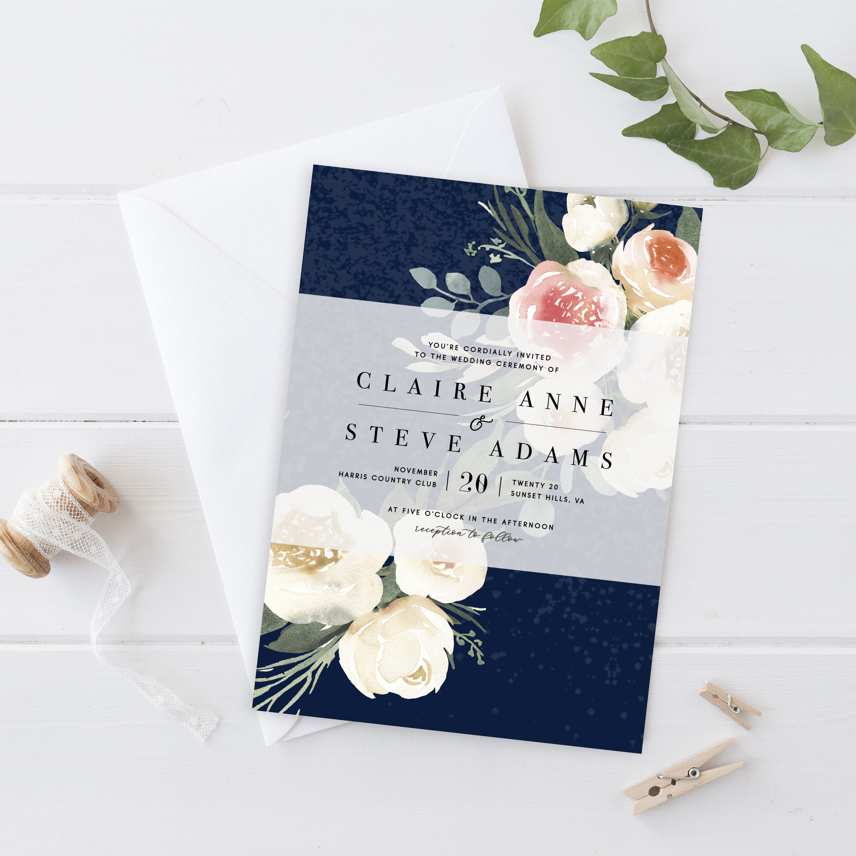 Wedding Invitation Set Navy Blush Instant Download Etsy