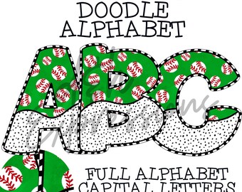 Green Baseball Doodle Dot Alphabet, Baseball Alpha, PNG, digital download, doodle alpha