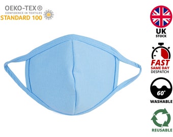 Unisex Adult Face Mask Breathable Washable Light Blue Reusable Face Mouth Protection UK
