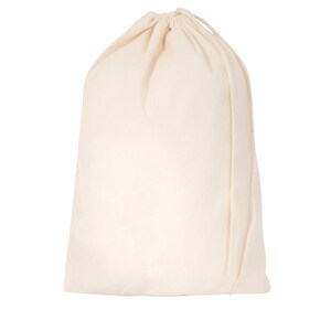 May include: A plain white cotton drawstring bag. The bag is empty and has a simple design.