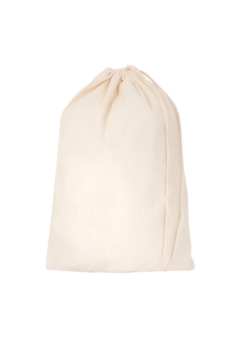 May include: A plain white cotton drawstring bag. The bag is empty and has a simple design.