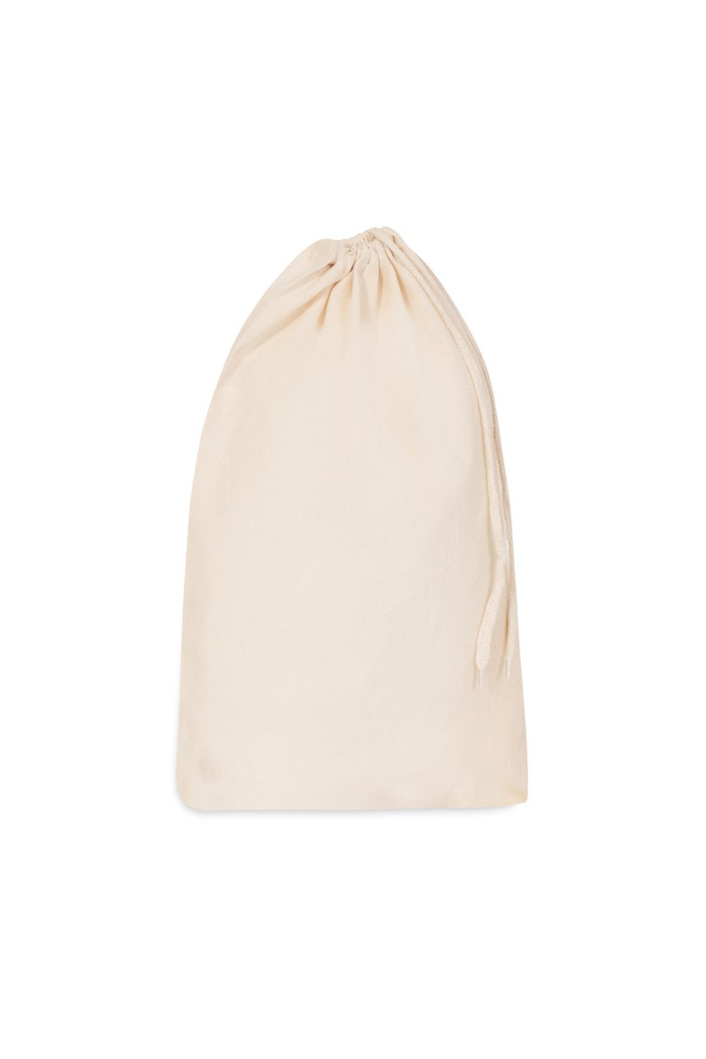 May include: A plain white cotton drawstring bag with a gathered top and a long drawstring.