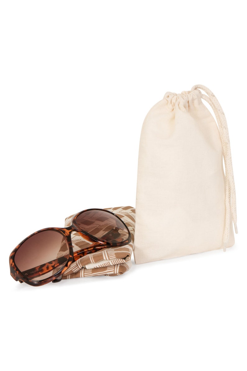 May include: Brown and tan patterned sunglasses with a brown case and a white drawstring bag.