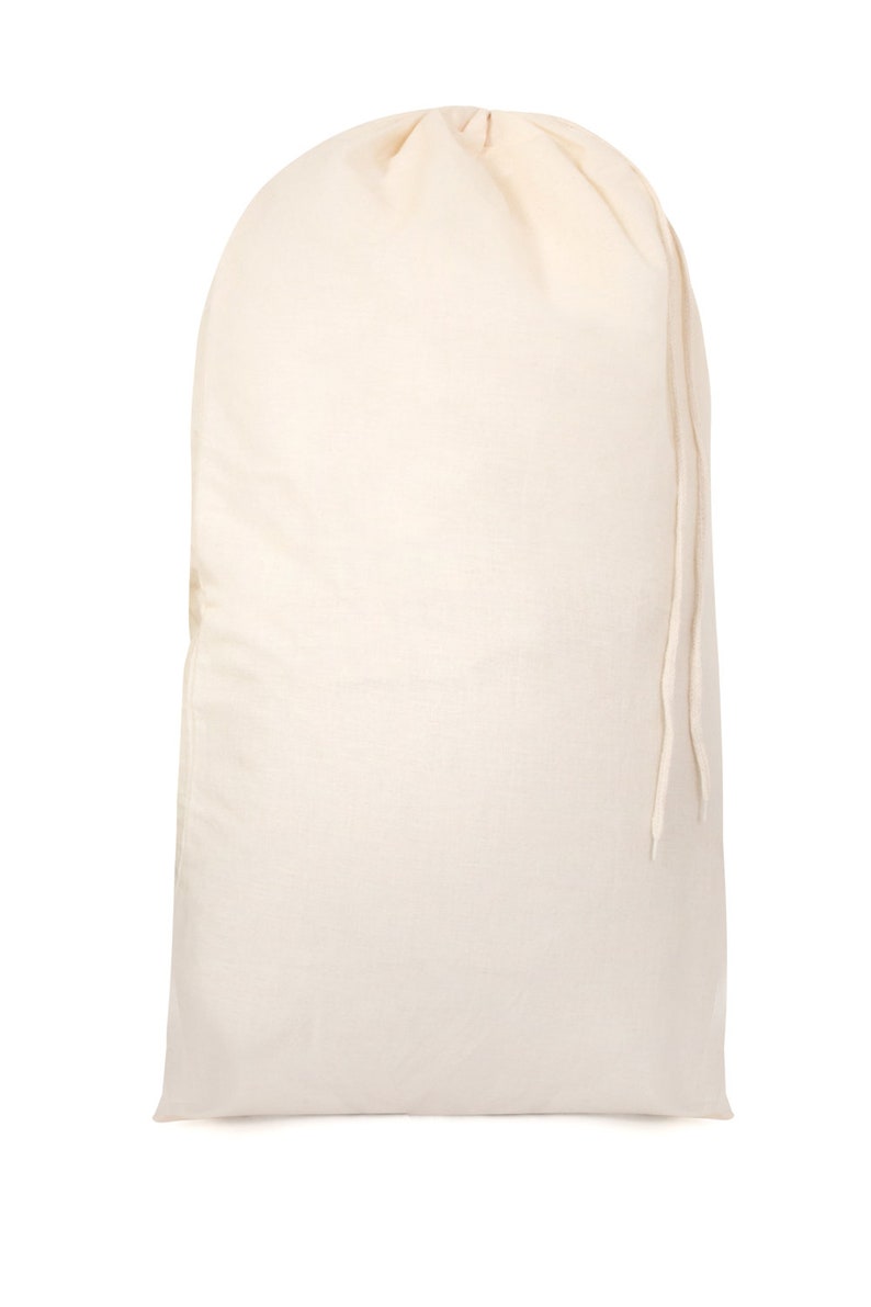 May include: A plain white drawstring bag made of cotton fabric.