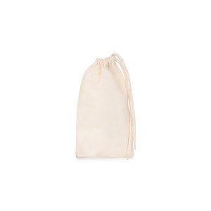 May include: A small, off-white drawstring bag made of cotton fabric. The bag has a simple design and is perfect for holding small items.