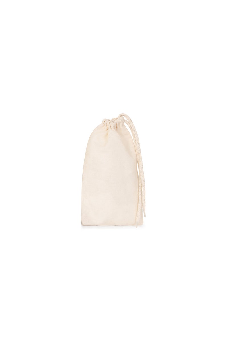 May include: A small, off-white drawstring bag made of cotton fabric. The bag has a simple design and is perfect for holding small items.