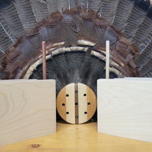 May include: A display of turkey feathers with wooden components. The feathers are brown and black. There are several light-colored wooden square blocks and a round wooden piece with holes. Two thin wooden dowels are also present.