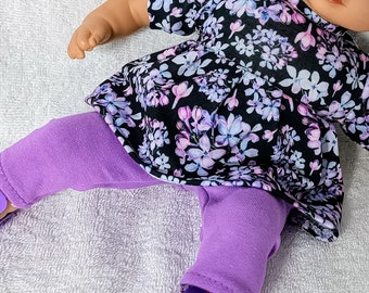 Lilac Print Doll Clothes: Pleated Shirt, Leggings,  8 Inch Doll