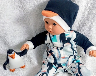 Penguin doll sleeper with penguin beak hat, long sleeves doll romper in white, black and blue, boy doll to geneder neutral doll clothes