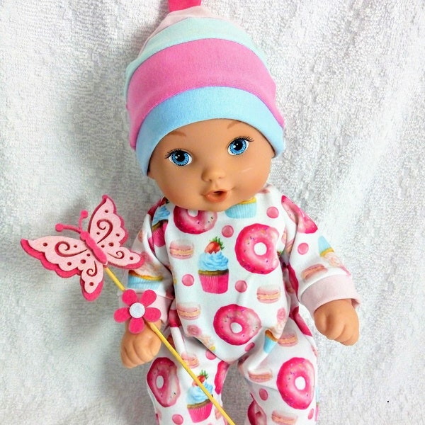 Barboteuses donouts roses et bonnet cupcake / salopette / combinaison pour poupées de 20 à 36 cm (8 à 14 po.), 10 poupées 30 33 cm (12 po.) Prendre soin de bébé