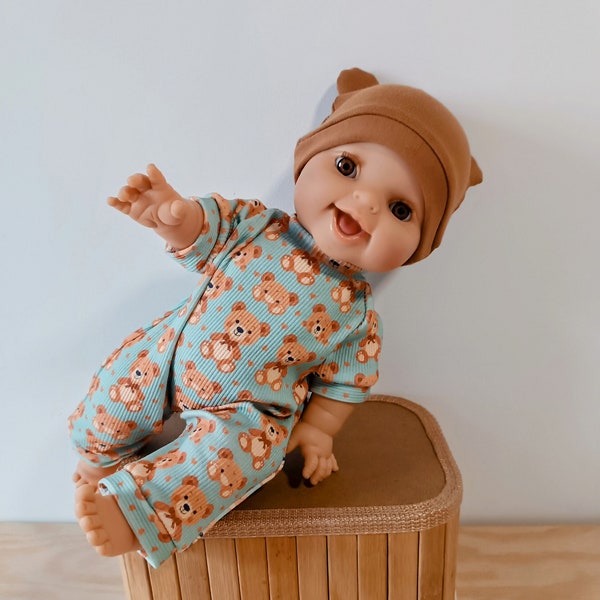 Teddy bear doll romper and hat for  8 to 17 inch  20 - 46 cm dolls, 8 9 10 12 inch 30 33 cm dolls, boy doll clothes